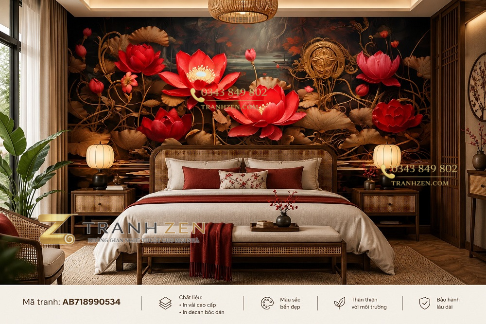 Tranh indochine dán tường phòng ngủ hoa sen đỏ nghệ thuật ab718990534