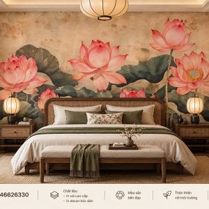 Tranh indochine dán tường phòng ngủ hoa sen hồng nghệ thuật ab846626330