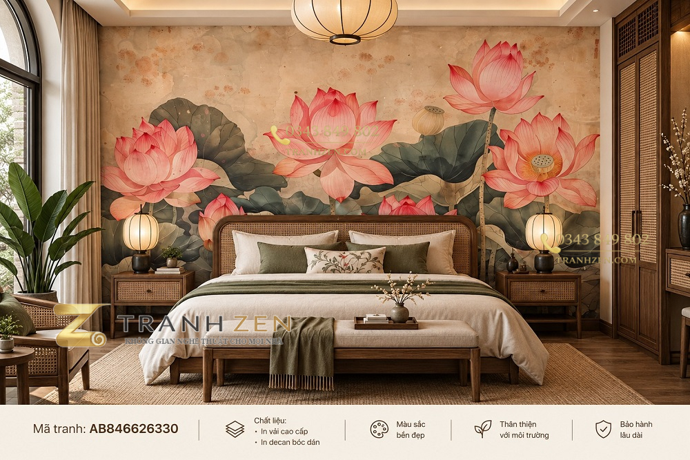 Tranh indochine dán tường phòng ngủ hoa sen hồng nghệ thuật ab846626330