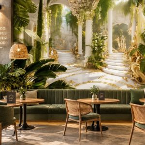 Tranh lá cây cổ điển cung điện xanh vàng dán tường quán cafe ab867915388