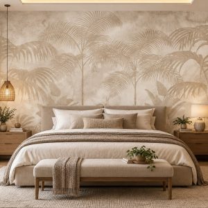 Tranh lá cây cọ nhiệt đới tông be dán tường vách phòng ngủ ab1500104222