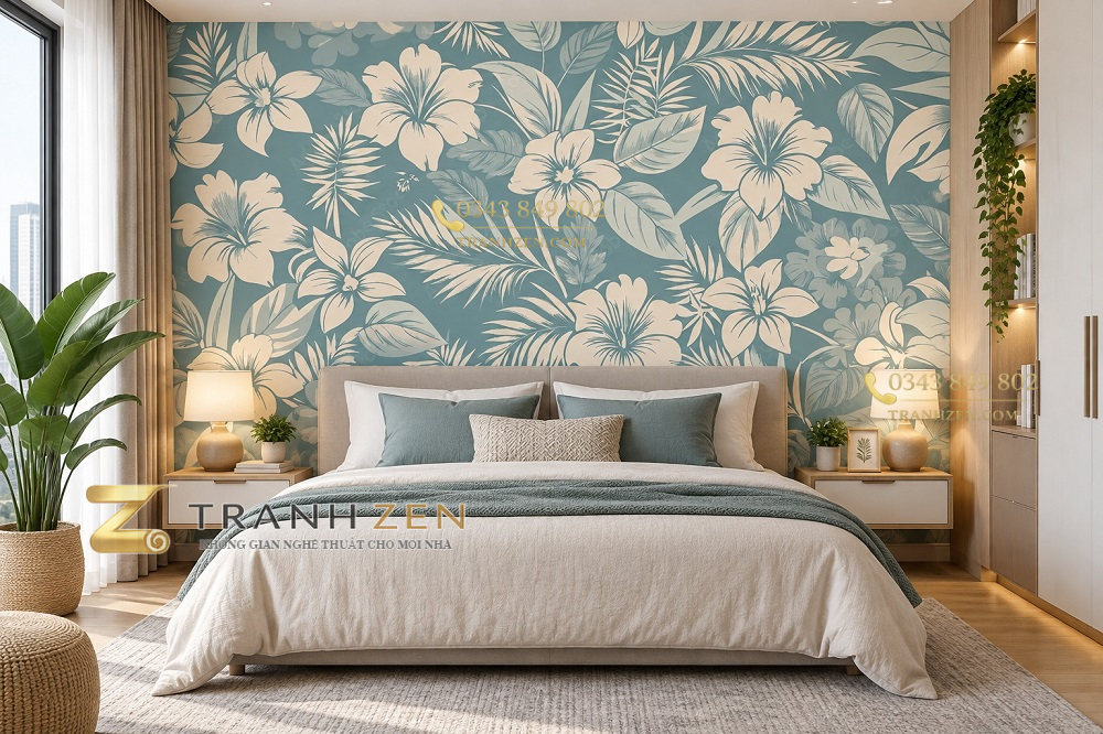 Tranh lá cây hoa nhiệt đới xanh trắng dán tường vách phòng ngủ chung cư ab949155060