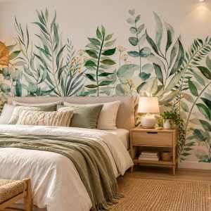 Tranh lá cây màu nước xanh pastel dán tường cạnh giường ngủ ab433465989