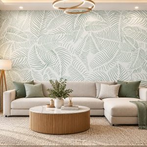 Tranh lá cây nét vẽ xanh pastel dán tường vách phòng khách chung cư ab383423742