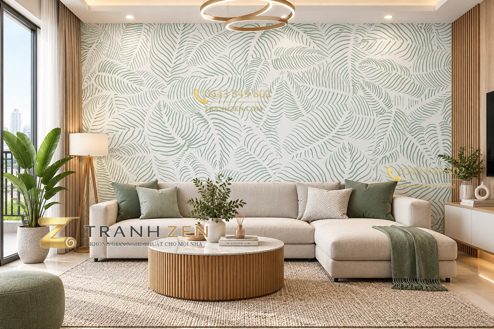 Tranh lá cây nét vẽ xanh pastel dán tường vách phòng khách chung cư ab383423742