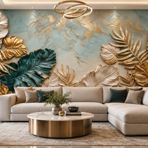 Tranh lá cây nghệ thuật lá vàng xanh dán tường vách phòng khách ab731392663