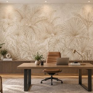 Tranh lá cây nhiệt đới line art tông be dán tường phòng làm việc ab2055113229