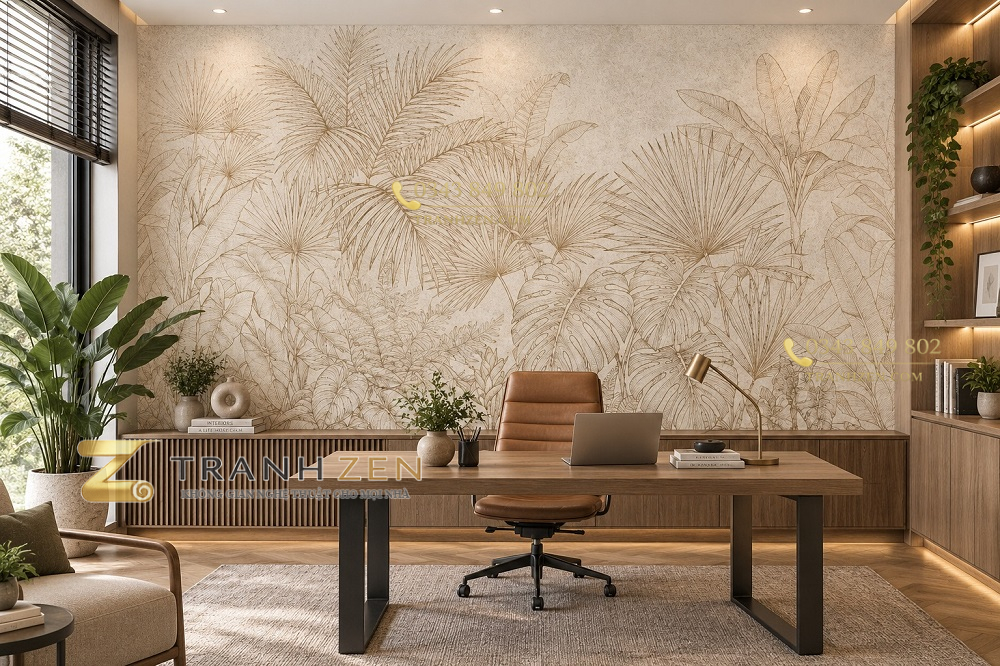 Tranh lá cây nhiệt đới line art tông be dán tường phòng làm việc ab2055113229