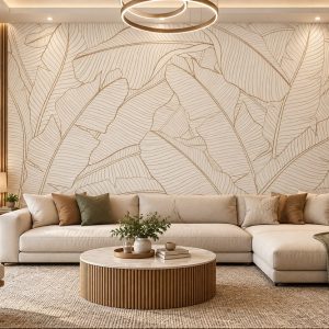 Tranh lá cây nhiệt đới nét vẽ line art màu be dán tường vách phòng khách ab625872721