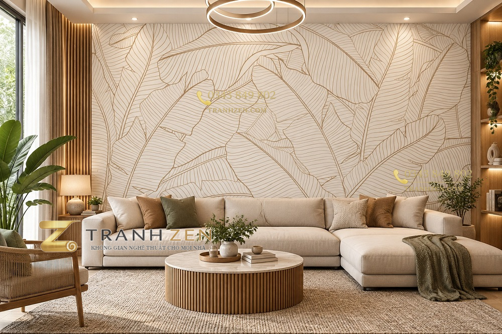 Tranh lá cây nhiệt đới nét vẽ line art màu be dán tường vách phòng khách ab625872721
