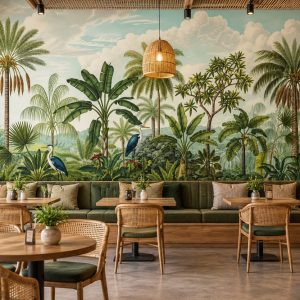 Tranh lá cây nhiệt đới phong cảnh xanh dán tường quán cafe ab1503795176