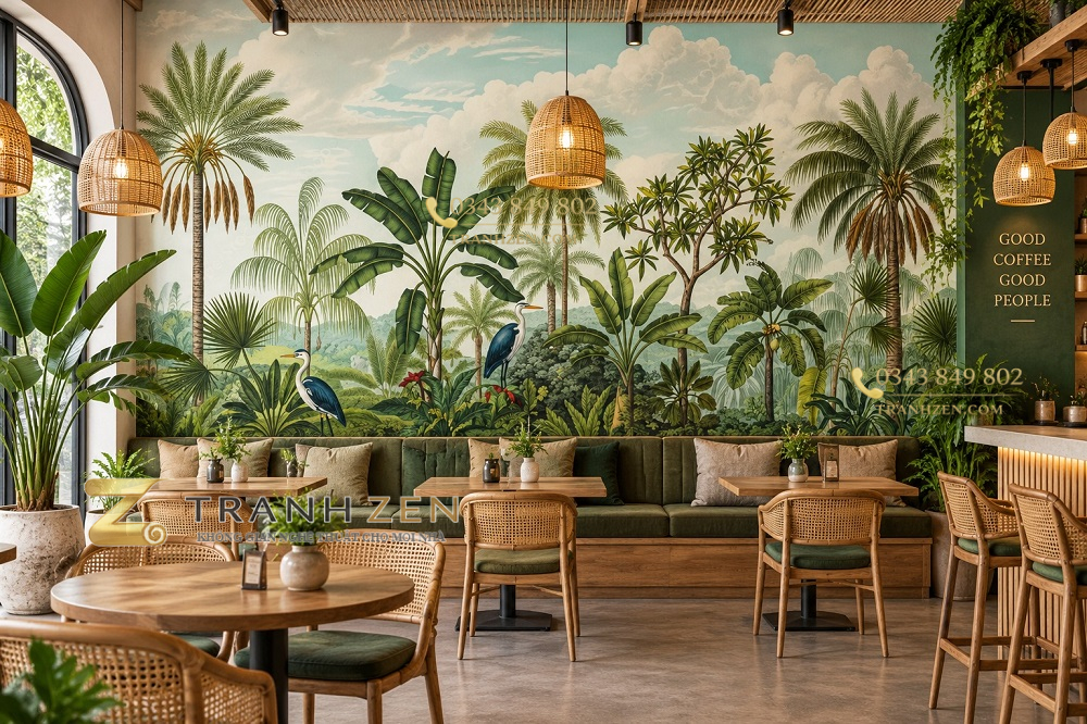 Tranh lá cây nhiệt đới phong cảnh xanh dán tường quán cafe ab1503795176