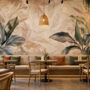 Tranh lá cây nhiệt đới tông be xanh dán tường vách quán cafe ab869973458