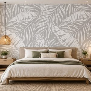 Tranh lá cây nhiệt đới trắng xám dán tường vách phòng ngủ ab601313556