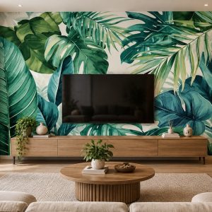 Tranh lá cây nhiệt đới xanh ngọc dán tường sau tivi ab709401732