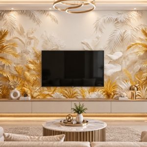 Tranh lá cây vàng trắng nghệ thuật dán tường sau tivi ab709164606