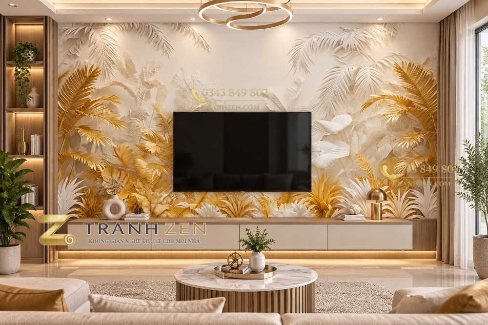 Tranh lá cây vàng trắng nghệ thuật dán tường sau tivi ab709164606