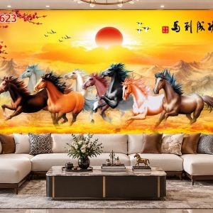 Tranh mã đáo thành công dán tường bát mã hoàng hôn núi non phong thủy 30623
