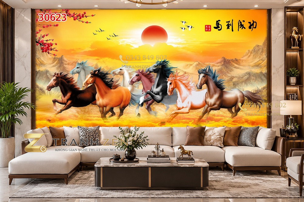 Tranh mã đáo thành công dán tường bát mã hoàng hôn núi non phong thủy 30623
