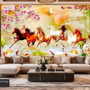 Tranh mã đáo thành công dán tường ngựa phi hoa sen phong thủy 30321