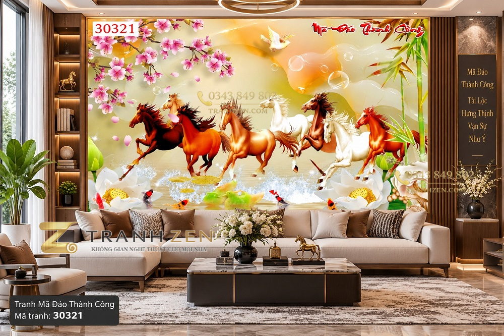 Tranh mã đáo thành công dán tường ngựa phi hoa sen phong thủy 30321