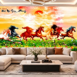 Tranh mã đáo thành công dán tường phòng khách bát mã đồng cỏ bình minh 33514