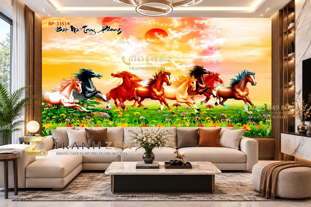 Tranh mã đáo thành công dán tường phòng khách bát mã đồng cỏ bình minh 33514