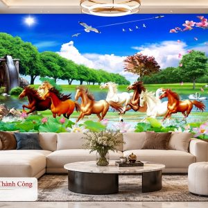 Tranh mã đáo thành công dán tường phòng khách bát mã hồ sen phong cảnh đồng quê 32491