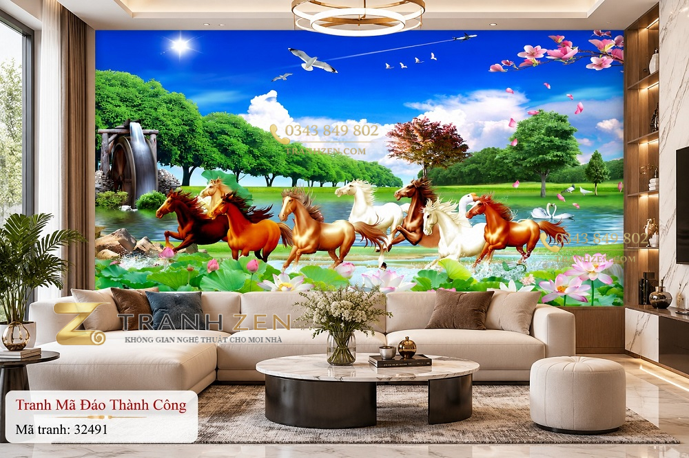 Tranh mã đáo thành công dán tường phòng khách bát mã hồ sen phong cảnh đồng quê 32491