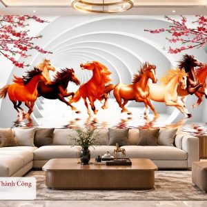 Tranh mã đáo thành công dán tường phòng khách bát mã hoa đào không gian hiện đại 32623