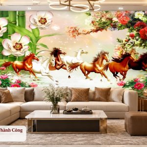 Tranh mã đáo thành công dán tường phòng khách bát mã hoa mẫu đơn phú quý 32384