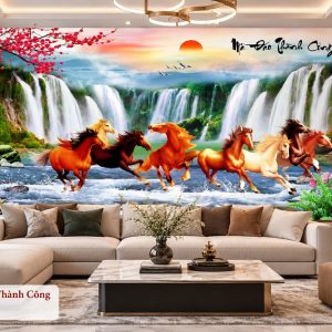 Tranh mã đáo thành công dán tường phòng khách bát mã thác nước sơn thủy 32394