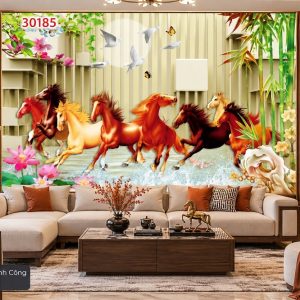 Tranh mã đáo thành công dán tường phòng khách ngựa phi nước đại hoa sen 30185