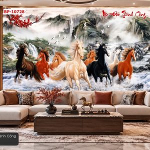 Tranh mã đáo thành công dán tường phòng khách ngựa phi nước đại phong cảnh sơn thủy 10728