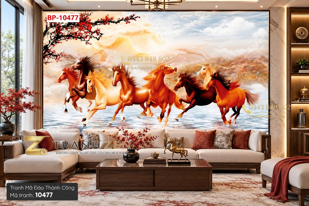 Tranh mã đáo thành công dán tường phòng khách ngựa phi nước đại phong thủy 10477