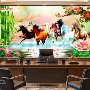 Tranh mã đáo thành công dán tường phòng làm việc bát mã hoa sen phong thủy 32383