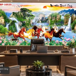 Tranh mã đáo thành công dán tường phòng làm việc ngựa phong cảnh thác nước 10525