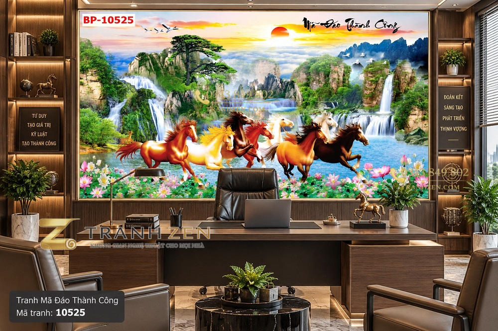 Tranh mã đáo thành công dán tường phòng làm việc ngựa phong cảnh thác nước 10525