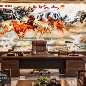 Tranh mã đáo thành công dán tường phòng làm việc phong thủy núi non thác nước 10467