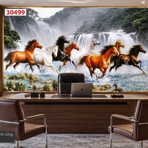 Tranh mã đáo thành công dán tường thác nước bát mã phong thủy 30499