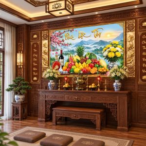 Tranh ngũ quả phúc lộc thọ sơn thủy dán tường phòng thờ pt23920265