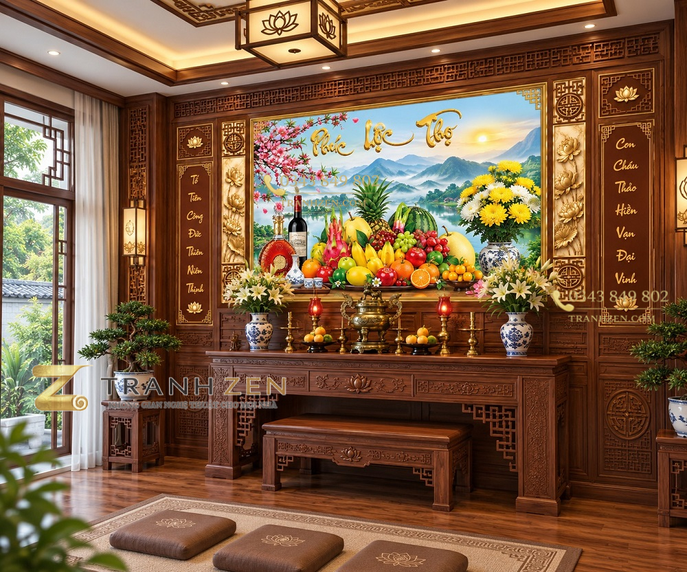 Tranh ngũ quả phúc lộc thọ sơn thủy dán tường phòng thờ pt23920265