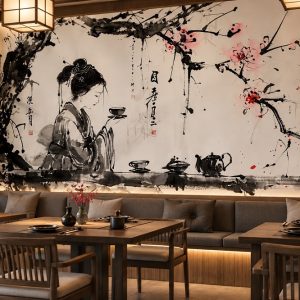 Tranh thủy mặc nhật bản cô gái trà đạo hoa đào dán tường quán ăn ab847019822