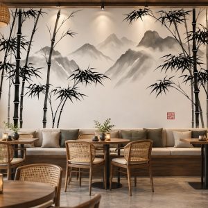 Tranh thủy mặc núi non và trúc dán tường quán cafe ab2148033648