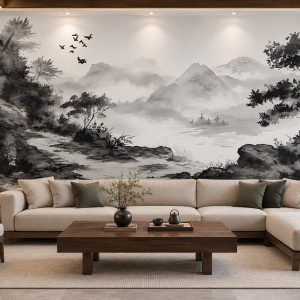 Tranh thủy mặc sơn thủy mây núi rừng cây và chim bay dán tường phòng khách ab1049586331