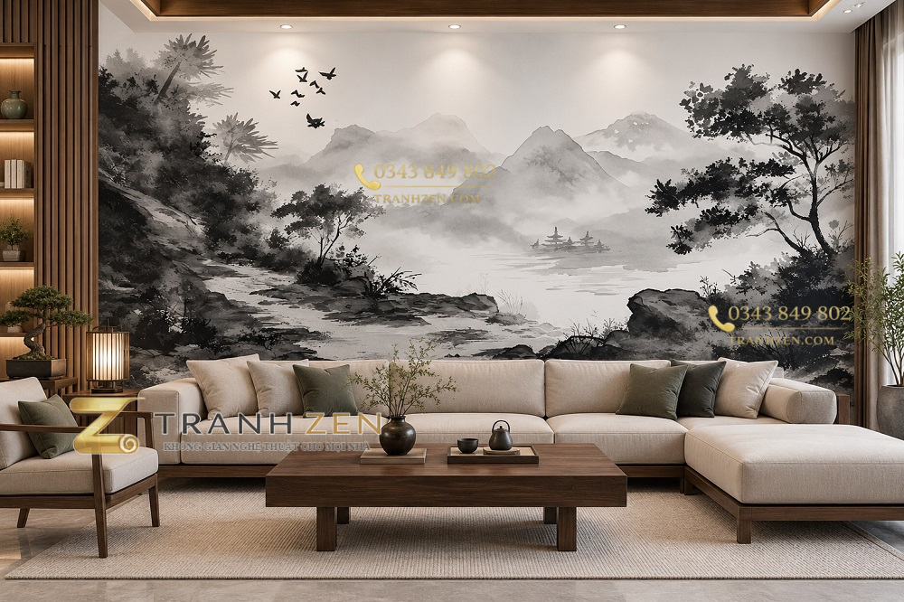 Tranh thủy mặc sơn thủy mây núi rừng cây và chim bay dán tường phòng khách ab1049586331