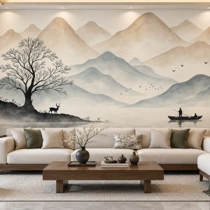 Tranh thủy mặc sơn thủy non nước hươu và thuyền ven hồ dán tường phòng khách ab2190249779