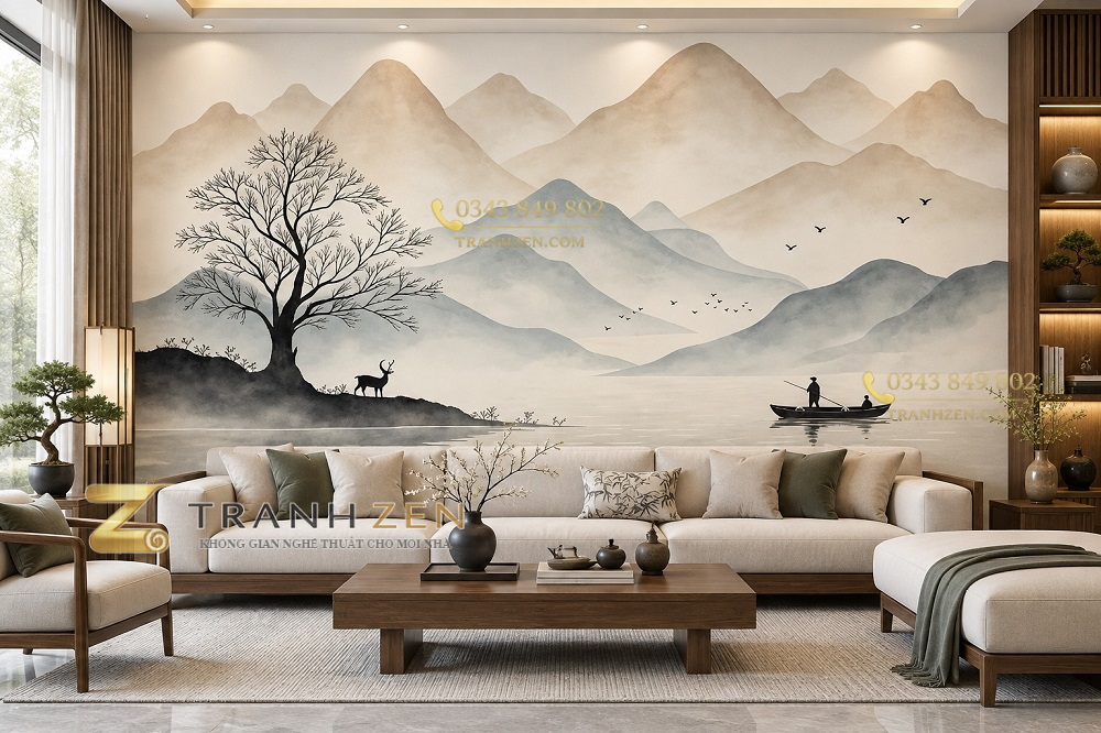Tranh thủy mặc sơn thủy non nước hươu và thuyền ven hồ dán tường phòng khách ab2190249779