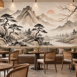 Tranh thủy mặc sơn thủy núi non cây tùng hoa mai dán tường quán cafe ab2067684614