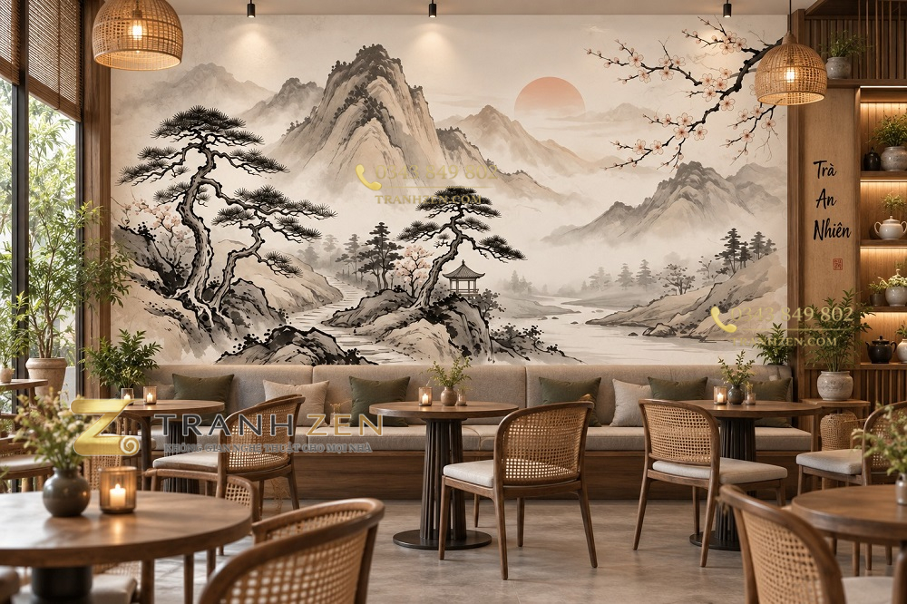 Tranh thủy mặc sơn thủy núi non cây tùng hoa mai dán tường quán cafe ab2067684614